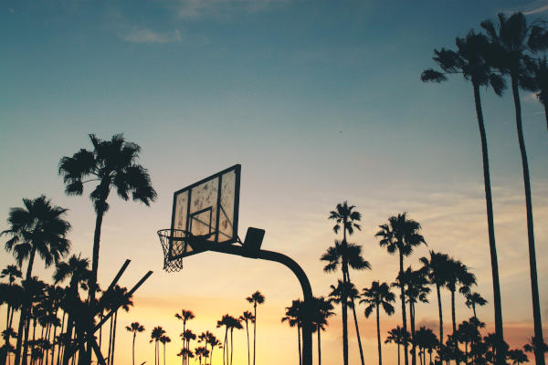 Die Silhouette von Palmen und einem Baskettballkorb vor dem Abendhimmel, als Symbolbild für die Sommergedichte.